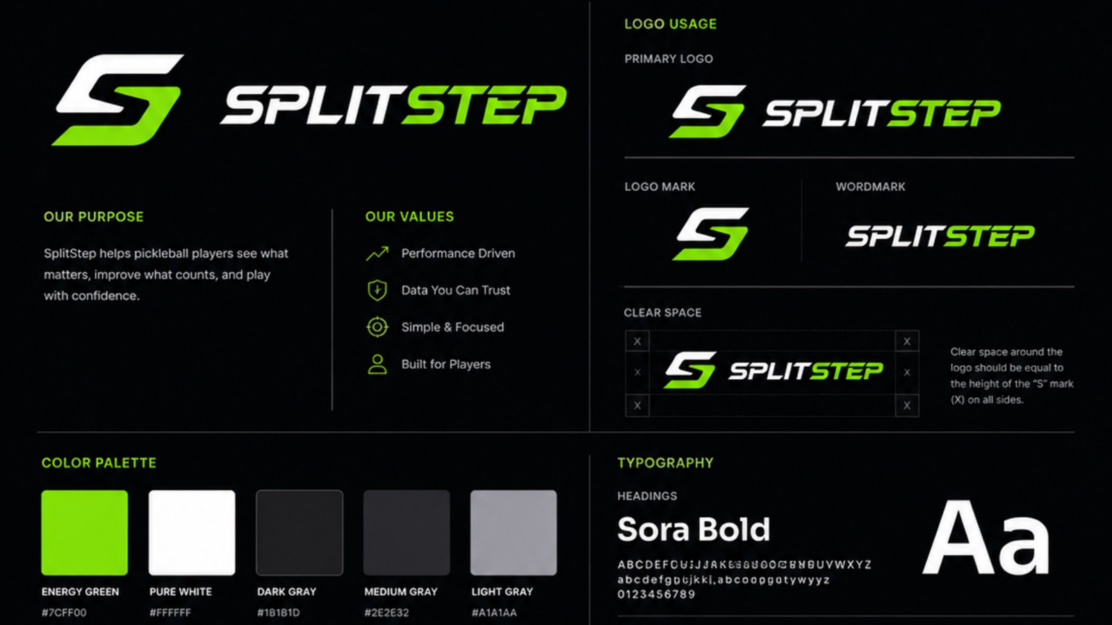 SplitStep brand board: purpose and values alongside logo usage rules, clear space, the colour palette and typography.