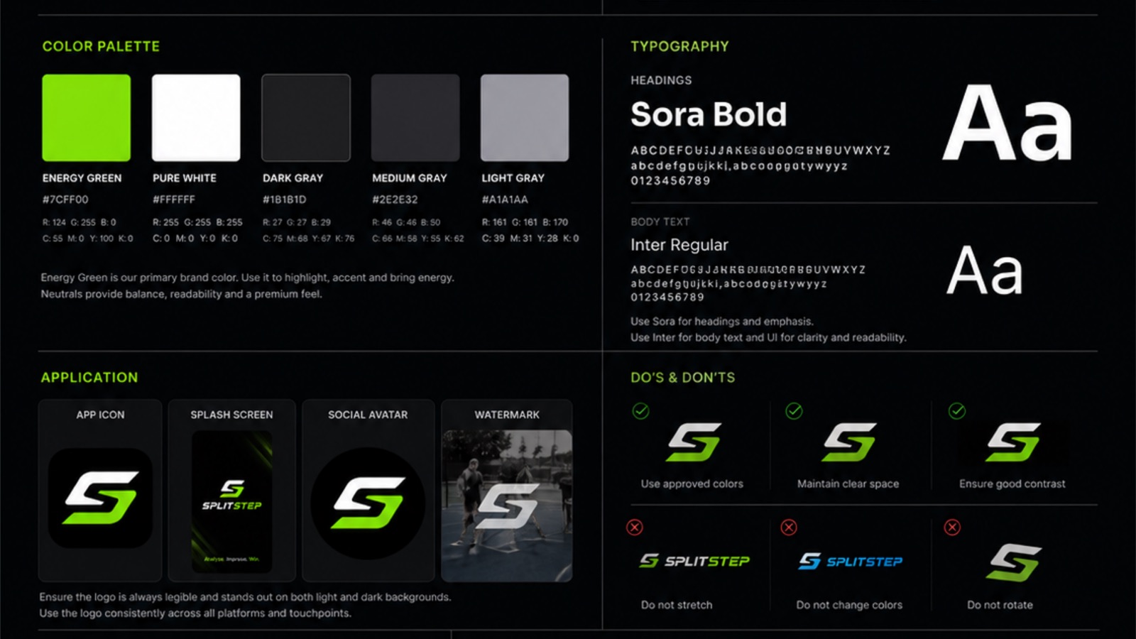 SplitStep brand board: the colour palette and typography applied across layouts, with correct and incorrect logo usage examples.