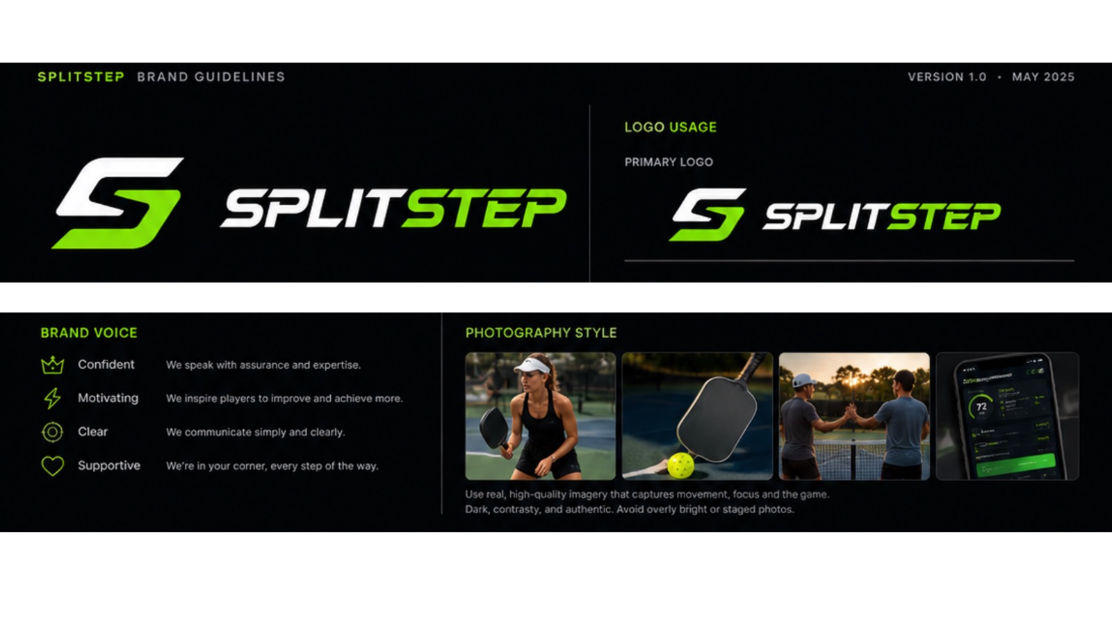 SplitStep brand board: brand voice principles alongside photography direction and logo usage.