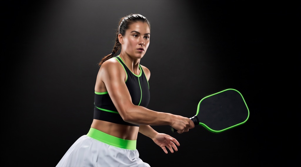 A player set in the ready position, paddle forward, in the black and green kit the identity specifies.